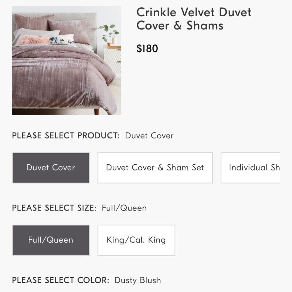 West Elm Crinkle Velvet Duvet Cover and Shams